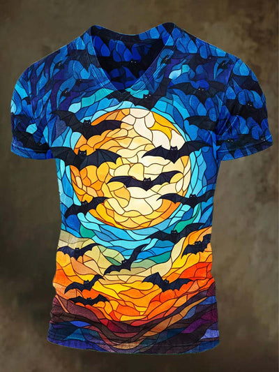Abstract Window Flower Bat Print Casual V-Neck Short Sleeve T-Shirt