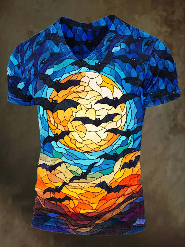 Abstract Window Flower Bat Print Casual V-Neck Short Sleeve T-Shirt