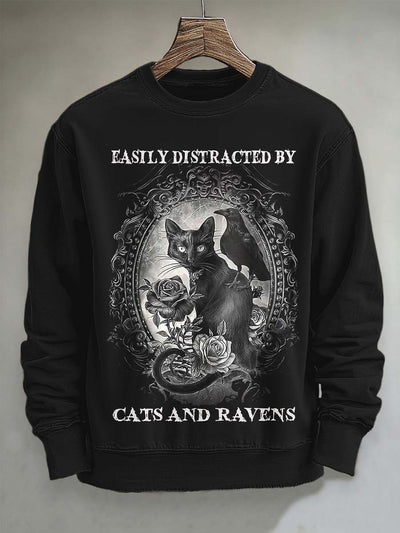 Halloween Raven Black Cat Print Casual Crew Neck Sweatshirt