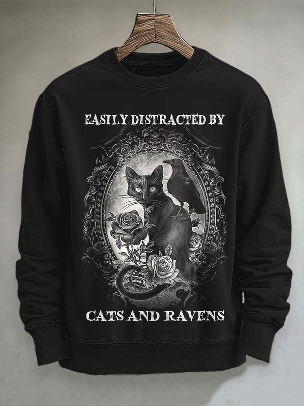 Halloween Raven Black Cat Print Casual Crew Neck Sweatshirt