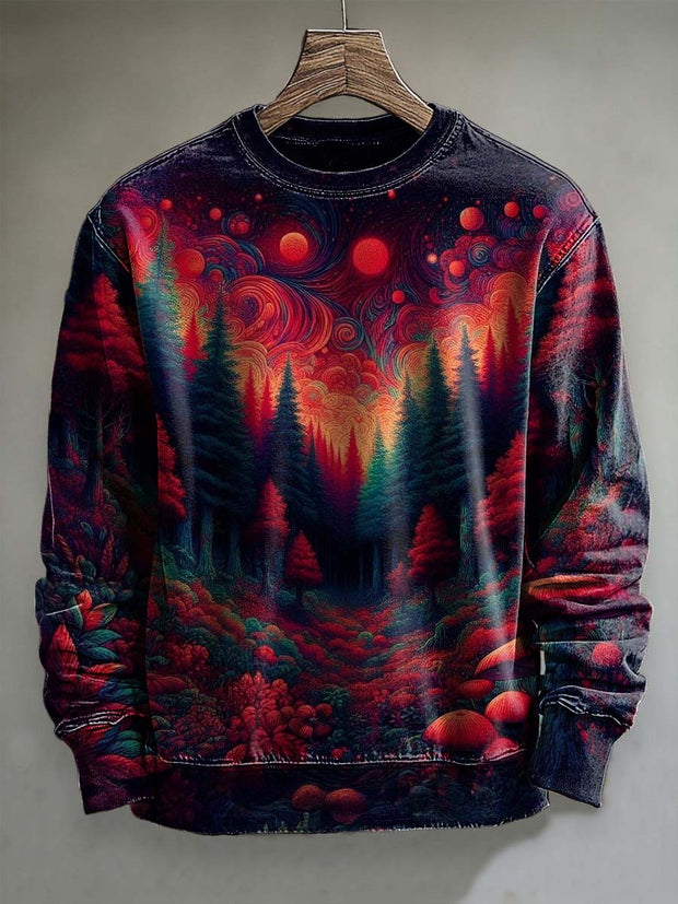 Magic Misty Forest Print Casual Crew Neck Sweatshirt