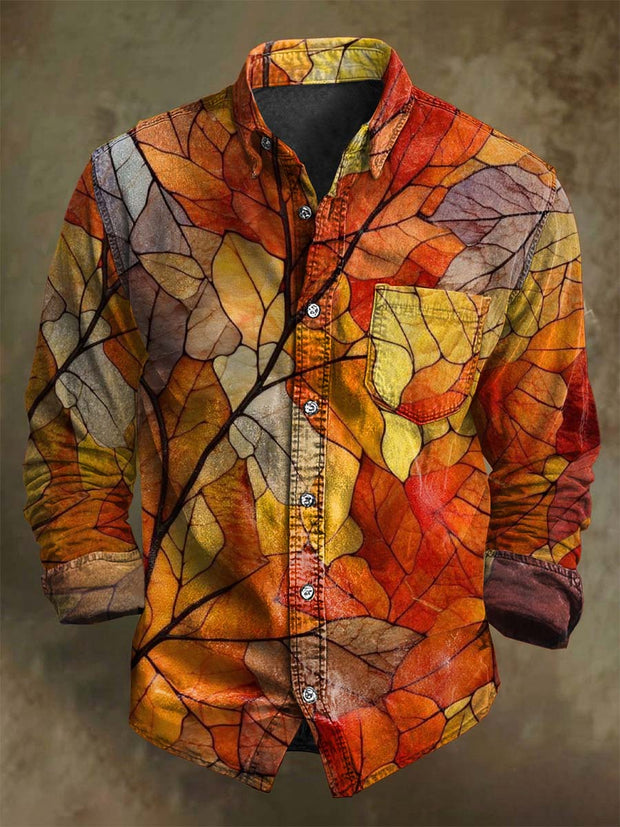 Vintage Maple Leaf Window Print Casual Long Sleeve Shirt