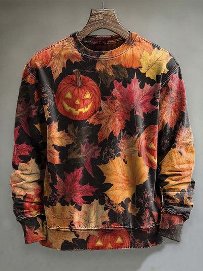 Halloween Maple Leaf Pumpkin Print Casual Crew Neck Sweatshirt