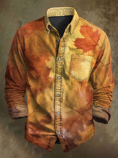 Vintage Fall Maple Leaf Print Casual Long Sleeve Shirt