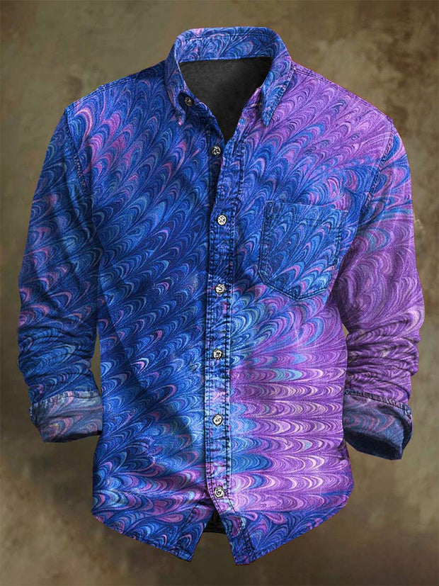 Abstract Peacock Tail Feather Print Casual Long Sleeve Shirt