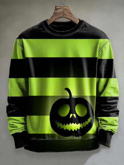 Halloween Striped Pumpkin Print Casual Crew Neck Sweatshirt