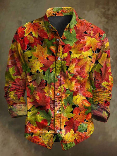 Vintage Fall Maple Leaf Print Casual Long Sleeve Shirt