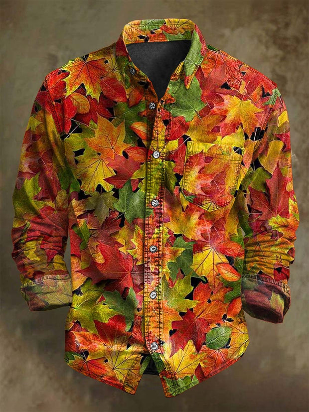 Vintage Fall Maple Leaf Print Casual Long Sleeve Shirt