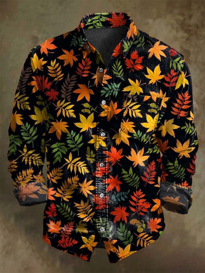 Vintage Fall Maple Leaf Print Casual Long Sleeve Shirt