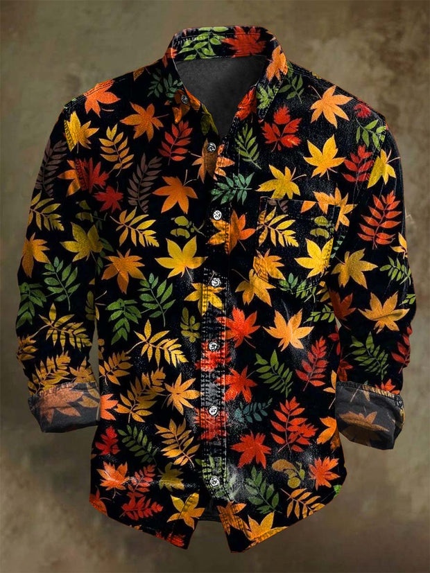 Vintage Fall Maple Leaf Print Casual Long Sleeve Shirt