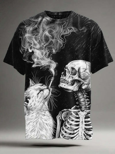 Halloween Skull Black Cat Print Casual Short Sleeve T-Shirt