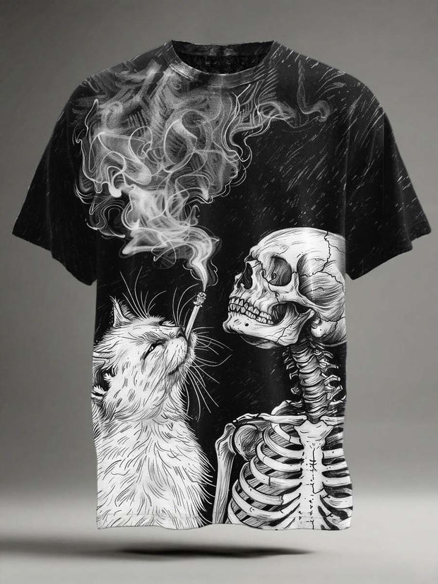 Halloween Skull Black Cat Print Casual Short Sleeve T-Shirt