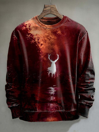 Vintage Jungle Reindeer Print Casual Crew Neck Sweatshirt