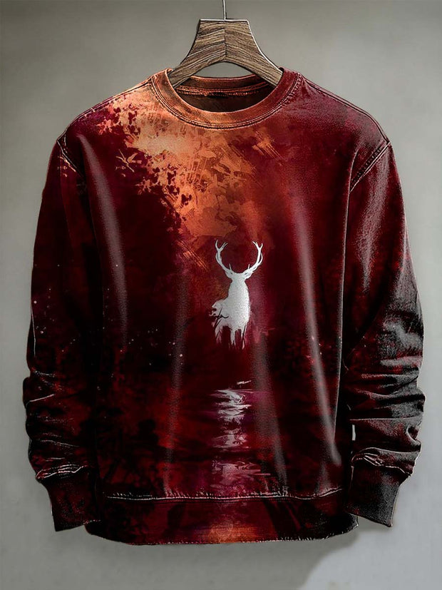 Vintage Jungle Reindeer Print Casual Crew Neck Sweatshirt