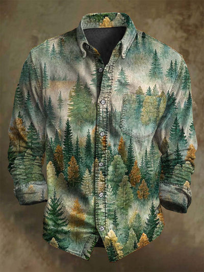 Misty Forest Print Casual Long Sleeve Shirt