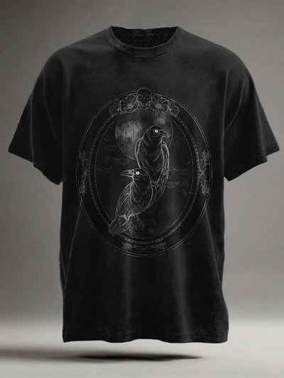 Halloween Retro Raven Print Casual Short Sleeve T-Shirt