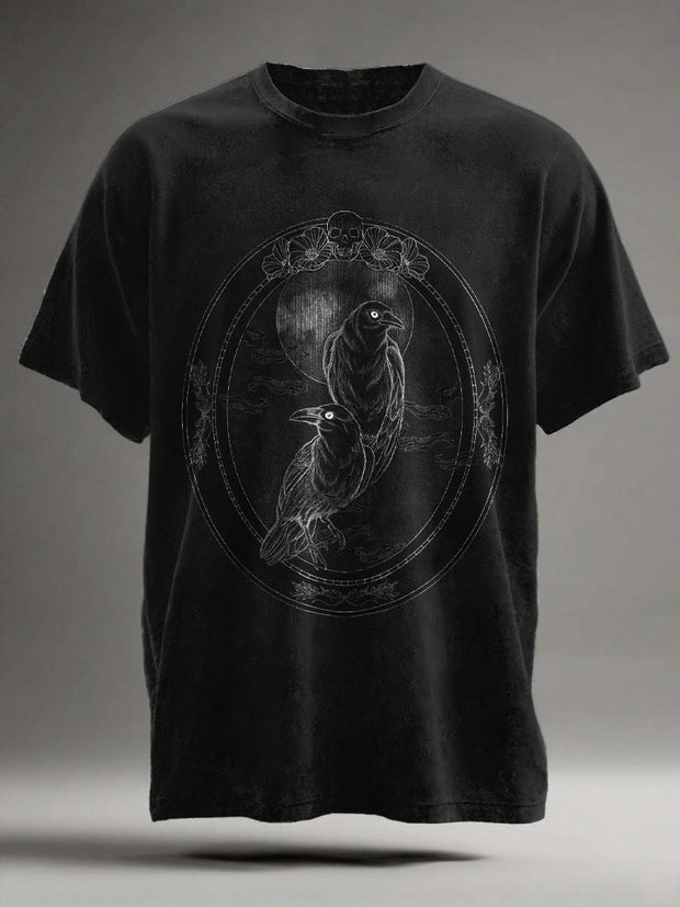 Halloween Retro Raven Print Casual Short Sleeve T-Shirt