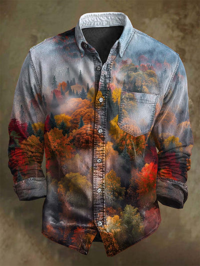 Fall Misty Forest Print Casual Long Sleeve Shirt