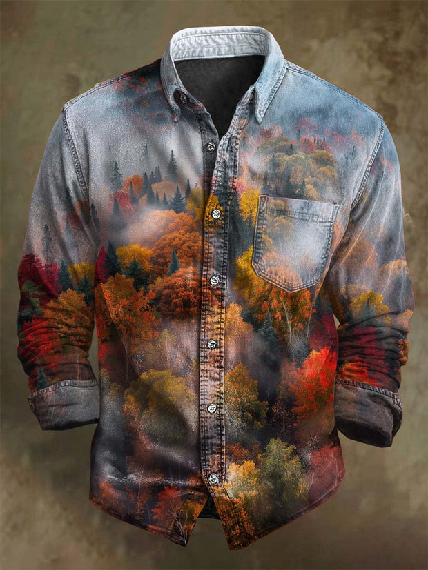 Fall Misty Forest Print Casual Long Sleeve Shirt