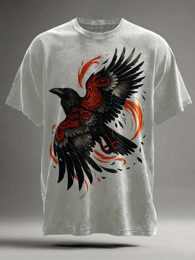 Vintage Tribal Crow Print Casual Short Sleeve T-Shirt