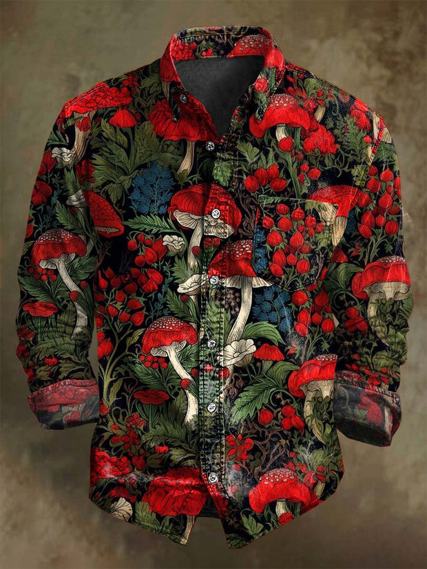 Dark Mushroom Print Casual Long Sleeve Shirt