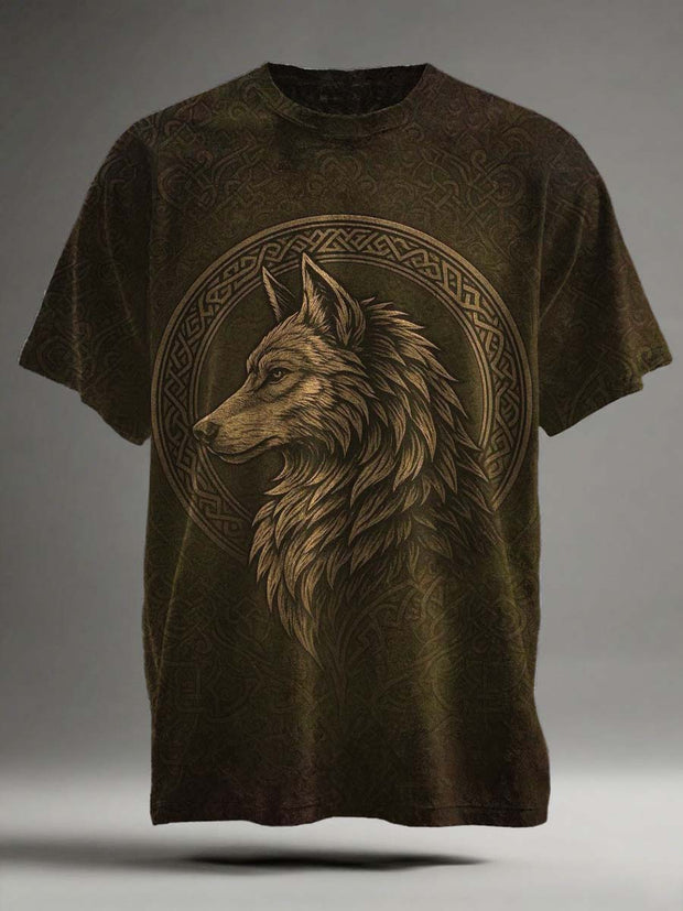 Vintage Nordic Wolf Print Casual Short Sleeve T-Shirt