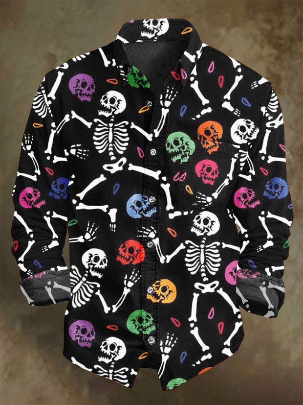 Halloween Colorful Skull Print Casual Long Sleeve Shirt