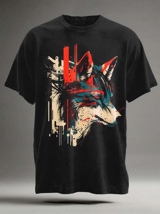 Vintage Nordic Wolf Print Casual Short Sleeve T-Shirt