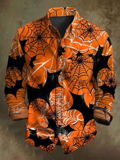 Halloween Spider Web Bat Print Casual Long Sleeve Shirt