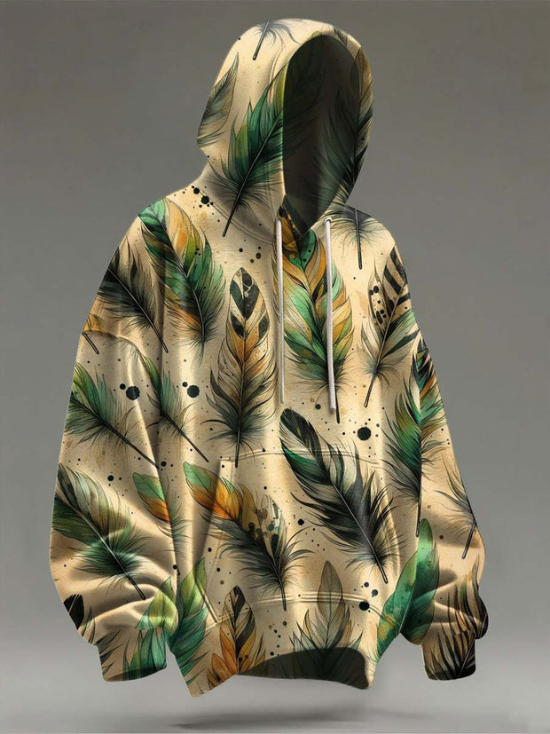 Retro Feather Print Casual Hooded Sweatshirt
