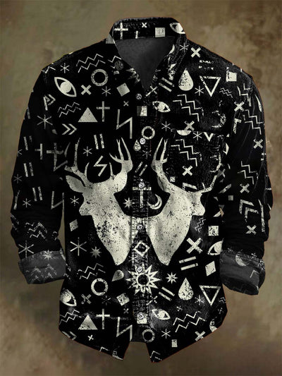 Vintage Tribal Deer Head Print Casual Long Sleeve Shirt
