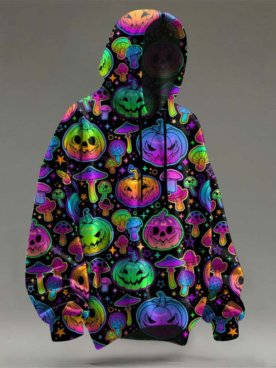 Colorful Pumpkin Mushroom Print Casual Hooded Sweatshirt