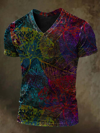 Vintage Colorful Maple Leaf Print Casual Short Sleeve T-Shirt