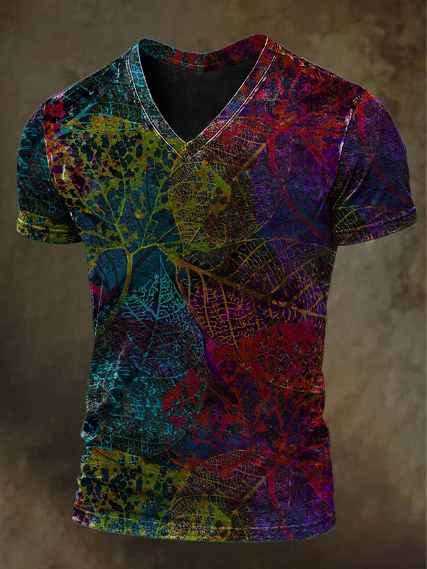 Vintage Colorful Maple Leaf Print Casual Short Sleeve T-Shirt