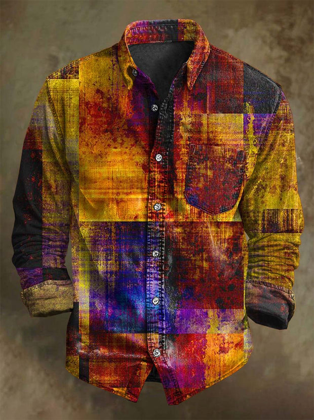 Vintage Aged Color Clash Art Print Casual Long Sleeve Shirt