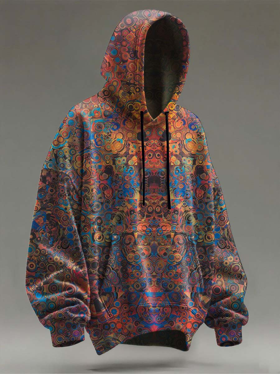 Vintage Abstract Circle Print Casual Hooded Sweatshirt