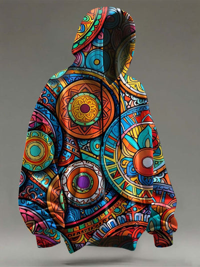 Vintage Abstract Mandala Print Casual Hooded Sweatshirt