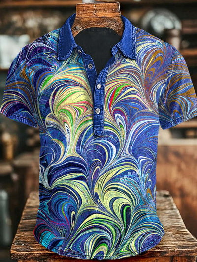 Art Abstract Quicksand Print Casual Short Sleeve Polo Shirt