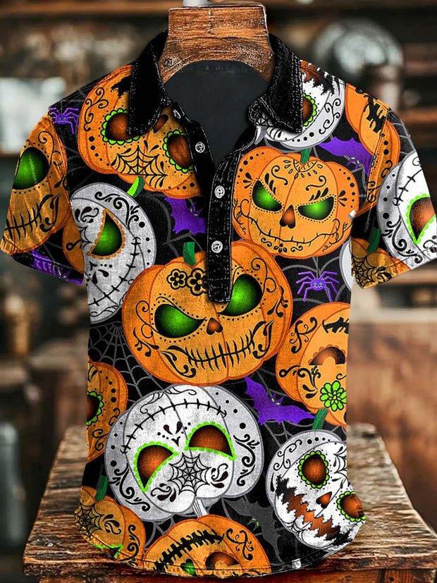 Halloween Evil Pumpkin Print Casual Short Sleeve Polo Shirt