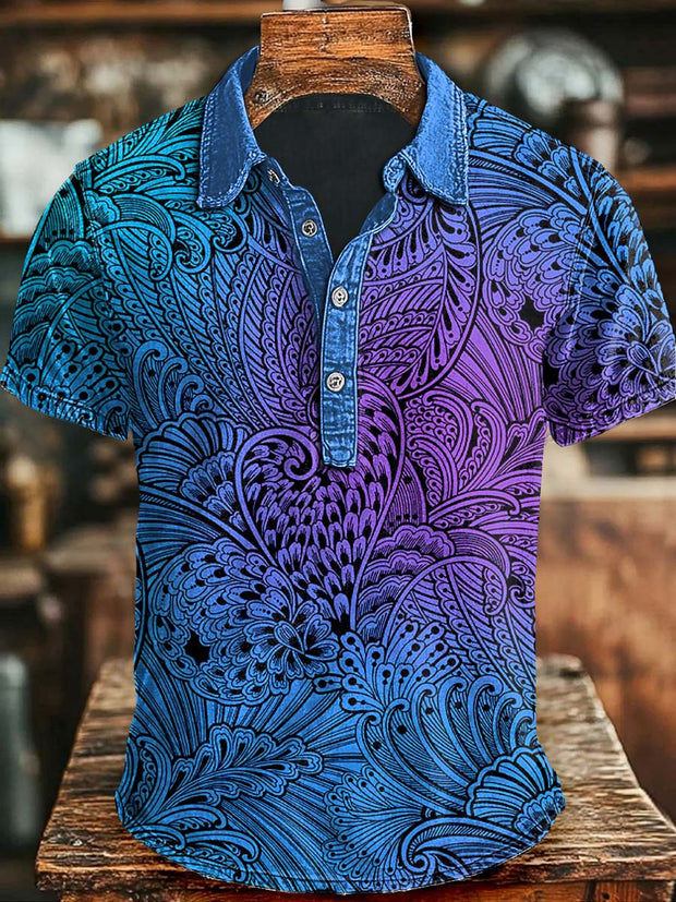Art Abstract Colorful Feather Print Casual Short Sleeve Polo Shirt