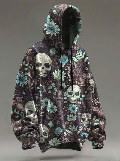Halloween Skull Floral Print Casual Hooded Sweatshirt
