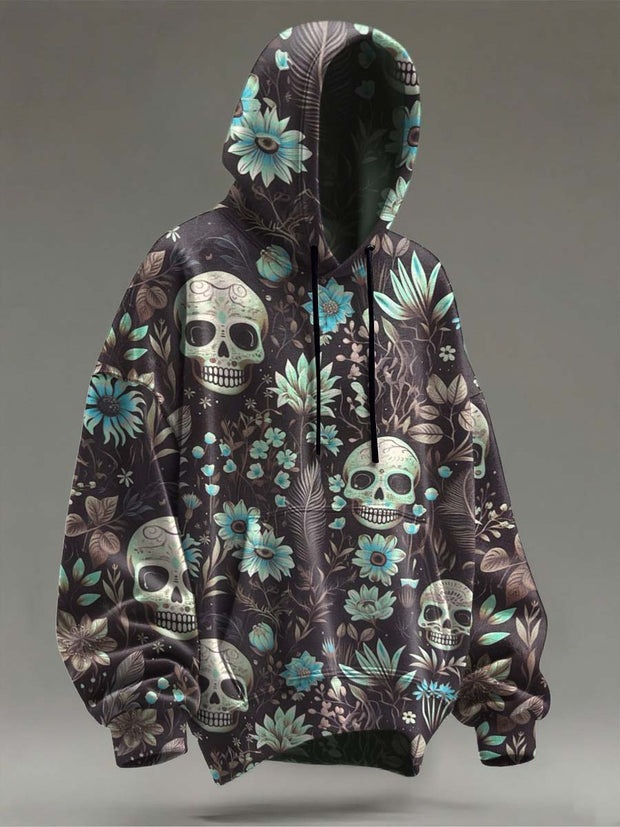 Halloween Skull Floral Print Casual Hooded Sweatshirt