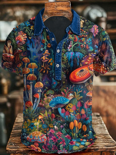 Fantasy Mushroom Print Casual Short Sleeve Polo Shirt
