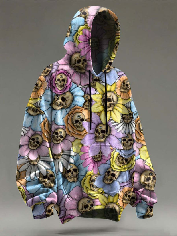 Halloween Skull Floral Print Casual Hooded Sweatshirt