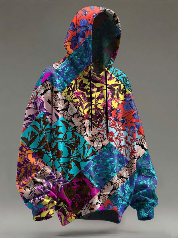 Vintage Patchwork Colorblocked Floral Print Casual Hooded Sweatshirt
