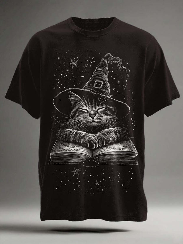 Halloween Wizard Cat Print Casual Short Sleeve T-Shirt