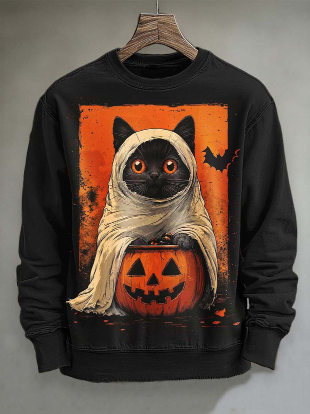Halloween Spooky Cat Print Casual Sweatshirt