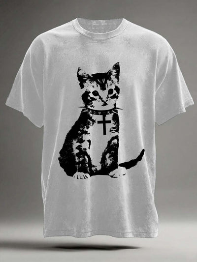 Cross Cat Print Casual Short Sleeve T-Shirt