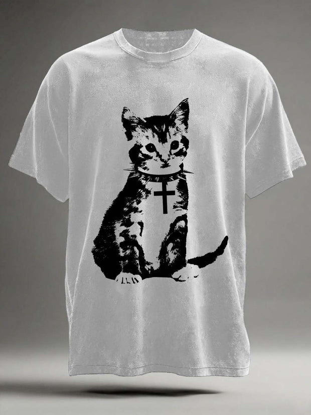 Cross Cat Print Casual Short Sleeve T-Shirt