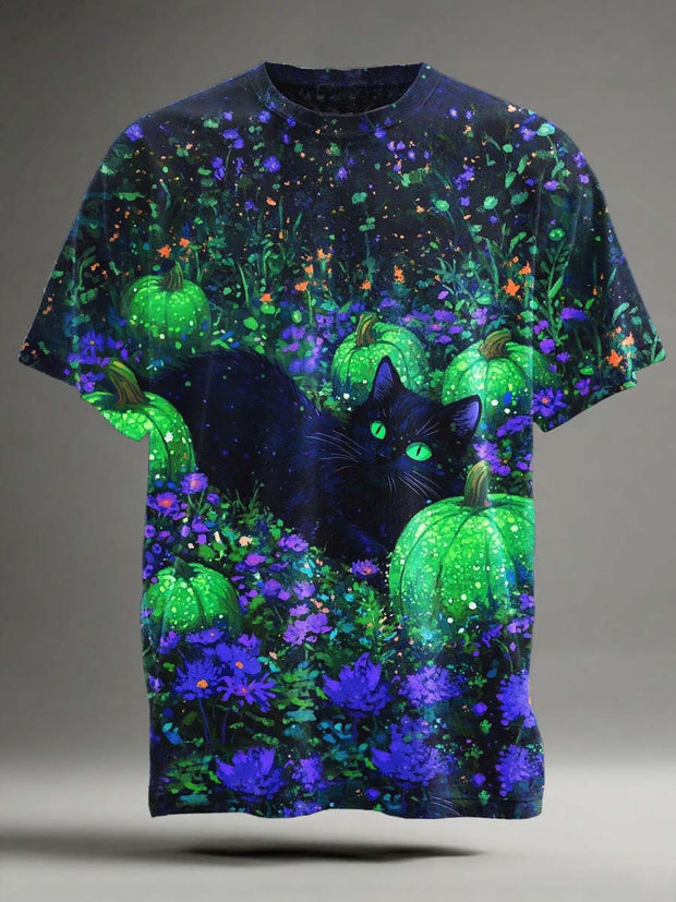 Halloween Black Cat Print Casual Short Sleeve T-Shirt